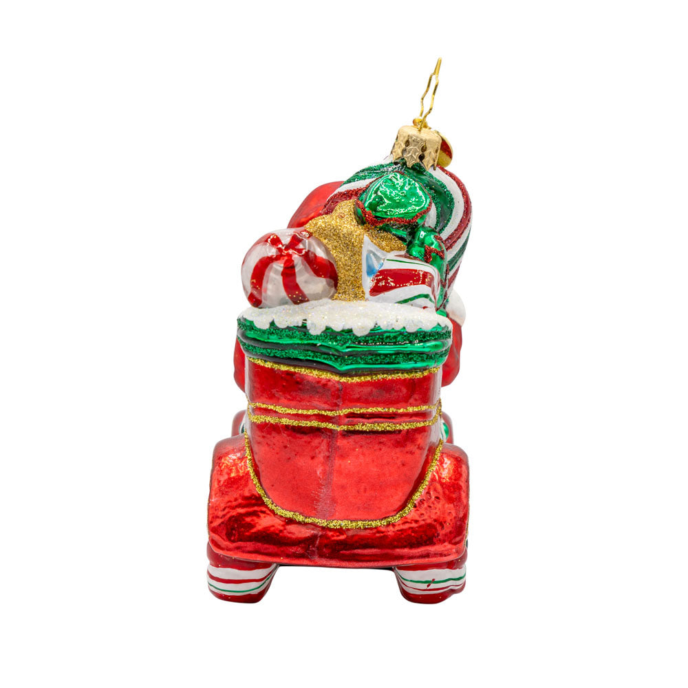Sweet Ride Cruiser ornament. Santa drives his candy-themed car. View of right side.