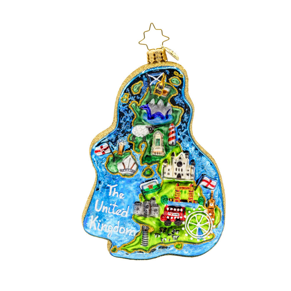 From the iconic Big Ben to the majestic Tower of London, each detail is a celebration of British heritage and culture in this enchanting ornament. View of front. 