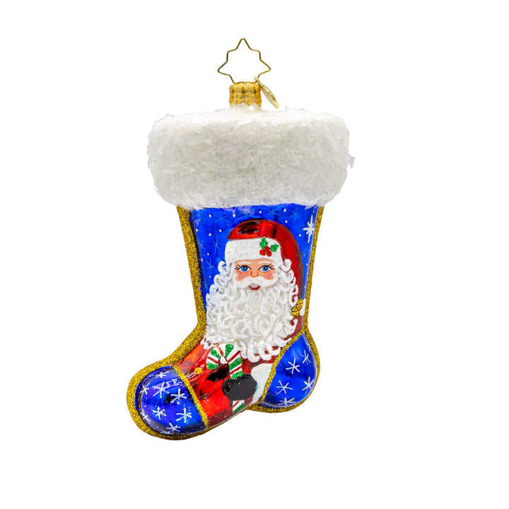 Winter Wishes Stocking ornament. This stocking is adorned with shimmering snowflakes, a jolly snowman, and a festive cardinal. View of back.