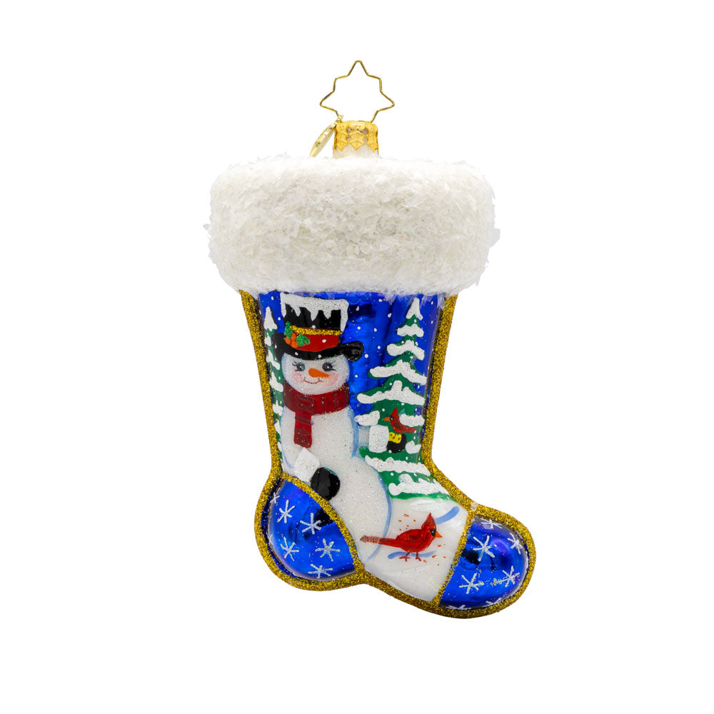 Winter Wishes Stocking ornament. This stocking is adorned with shimmering snowflakes, a jolly snowman, and a festive cardinal. View of front.