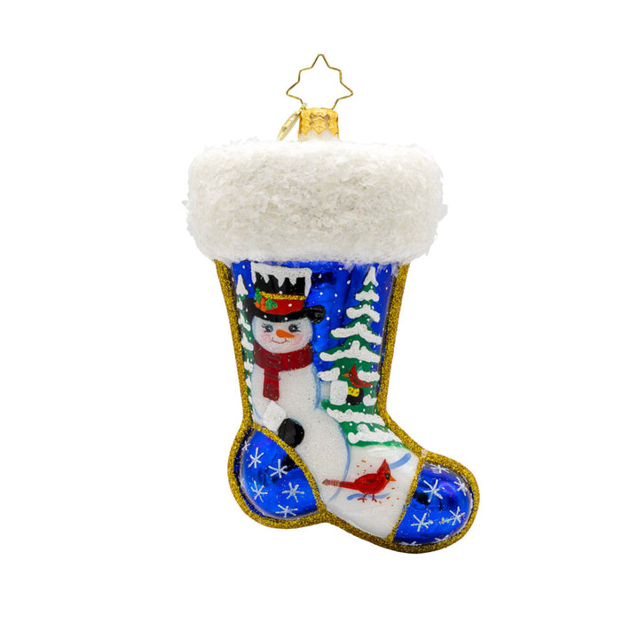 Winter Wishes Stocking ornament. This stocking is adorned with shimmering snowflakes, a jolly snowman, and a festive cardinal. View of front.