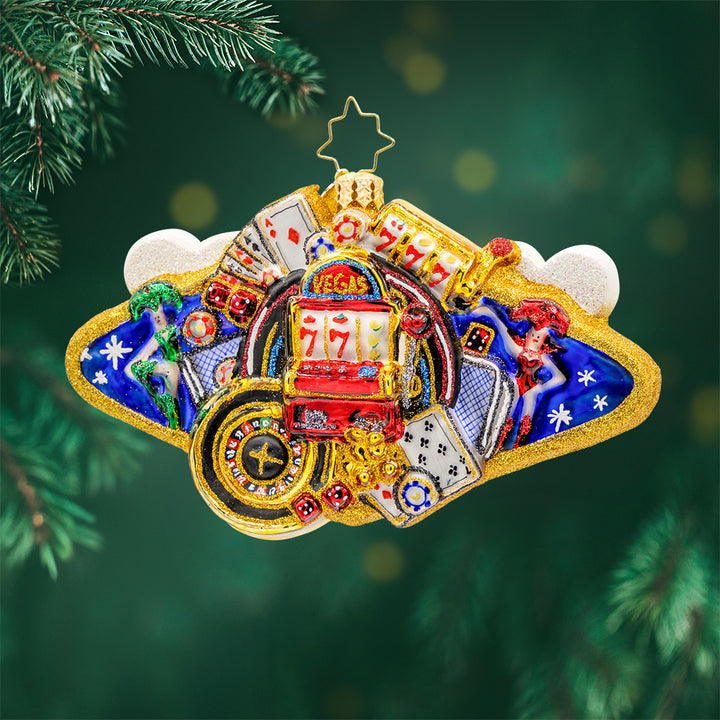 Sin City Souvenir ornament. Mix of iconic Las Vegas imagery. View of front.