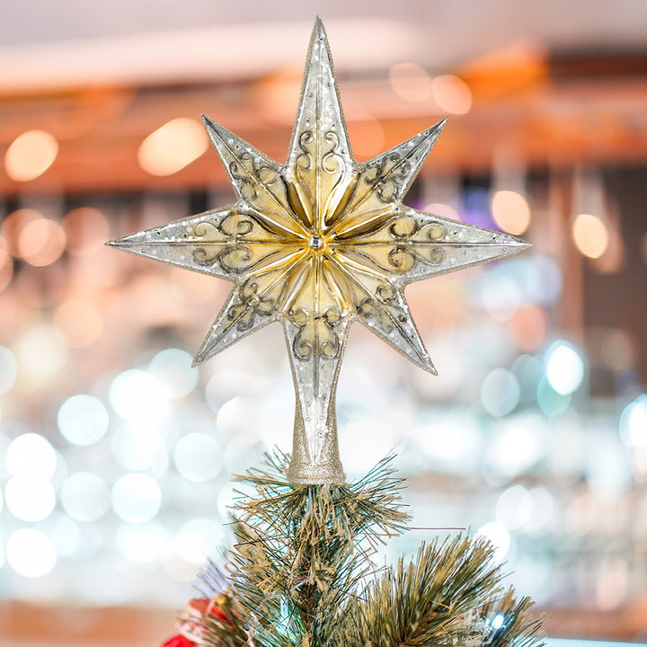 Star ombre tree-topper. View of front displayed on tree.