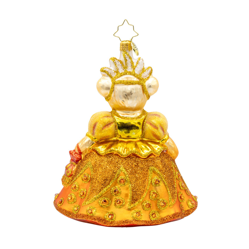A Muffy Millennium ornament. This bear wears a gold satin gown adorned with jewels and a crown. View of back.