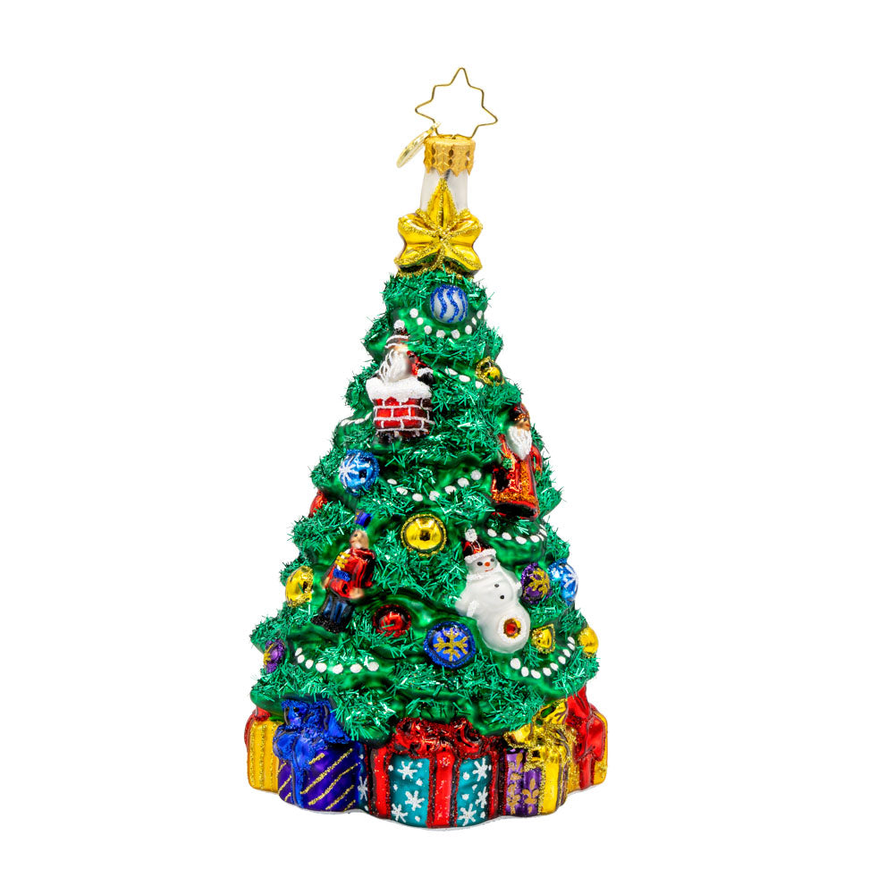 A Tree of Holiday Traditions Ornament with its shimmering ornaments and festive details. View of back.