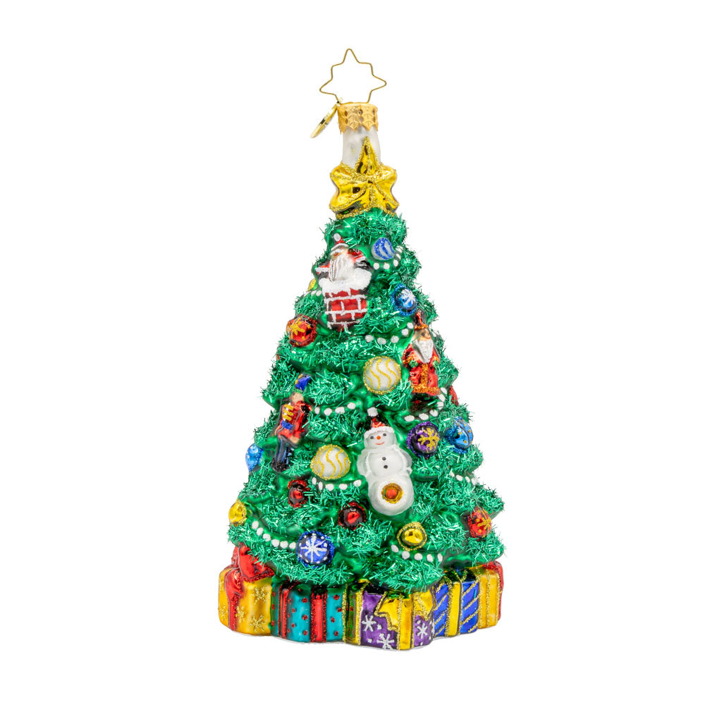 A Tree of Holiday Traditions Ornament with its shimmering ornaments and festive details. View of front. 