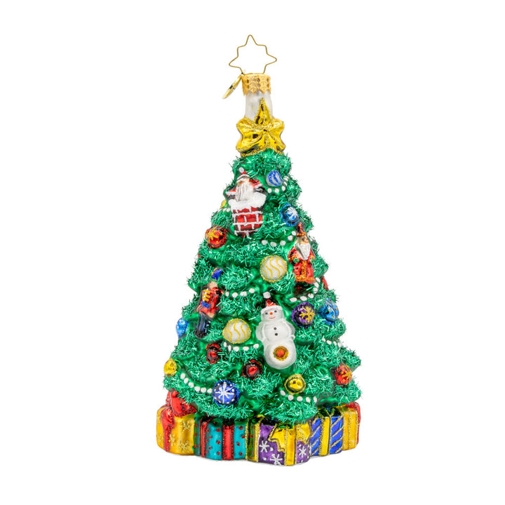 A Tree of Holiday Traditions Ornament with its shimmering ornaments and festive details. View of front. 