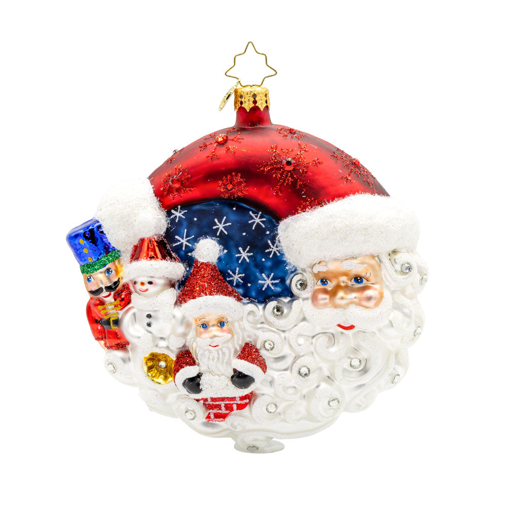 A Merry Little Christmas ornament. Santa, joined by his trusty companions - a cheerful snowman and a dapper nutcracker - Santa's face reimagined as a half-moon shapes the scene into a festive decorated round. View of front. 