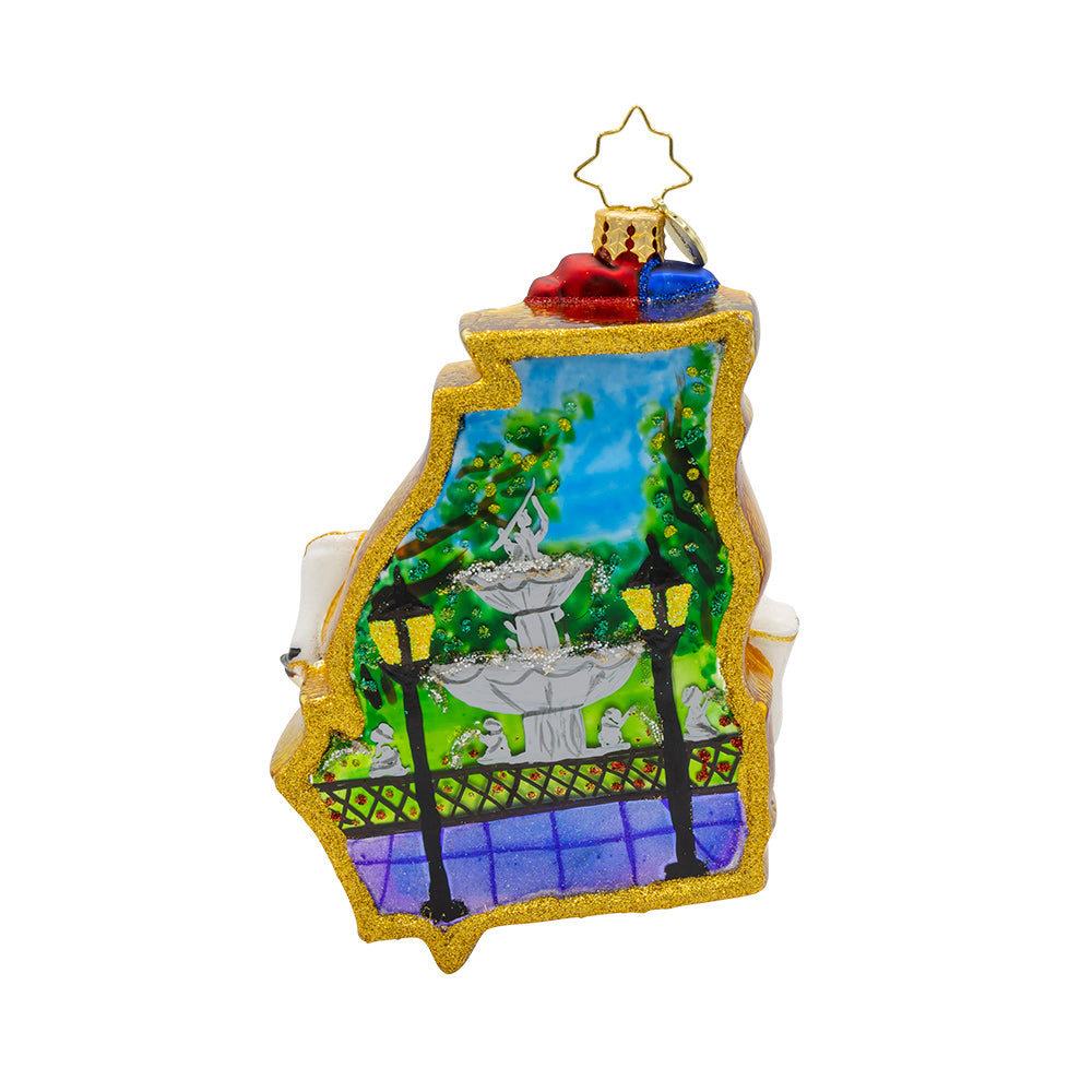 Ornament decorated with all of the wonderful things the great state of Georgia has to offer. View of back.