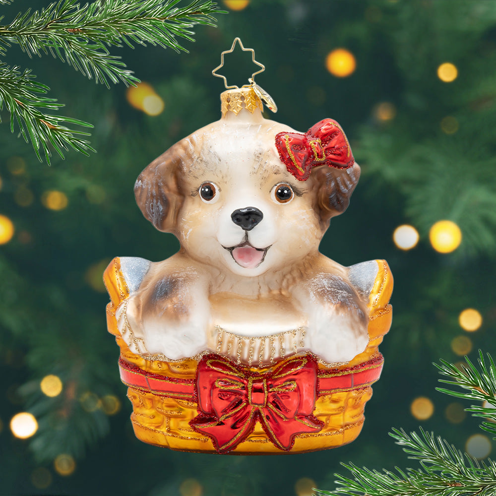 Basket of Hope. Ornament of a brown puppy in a golden basket with a red bow. View of front