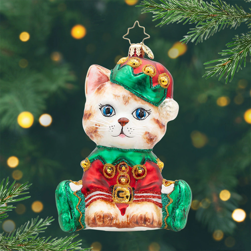 Holly Jolly Kitty. Ornament of a cat dressed in a red and green elf suit. View of front.