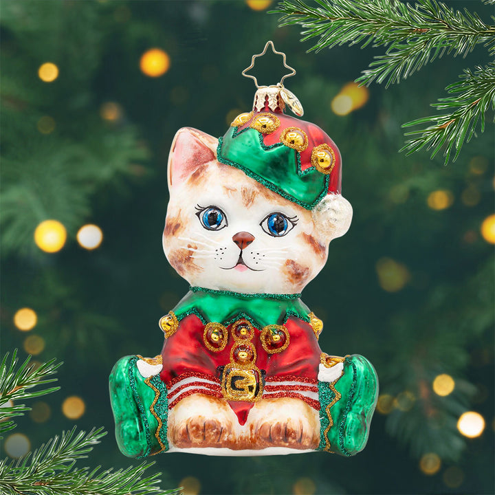 Holly Jolly Kitty. Ornament of a cat dressed in a red and green elf suit. View of front.