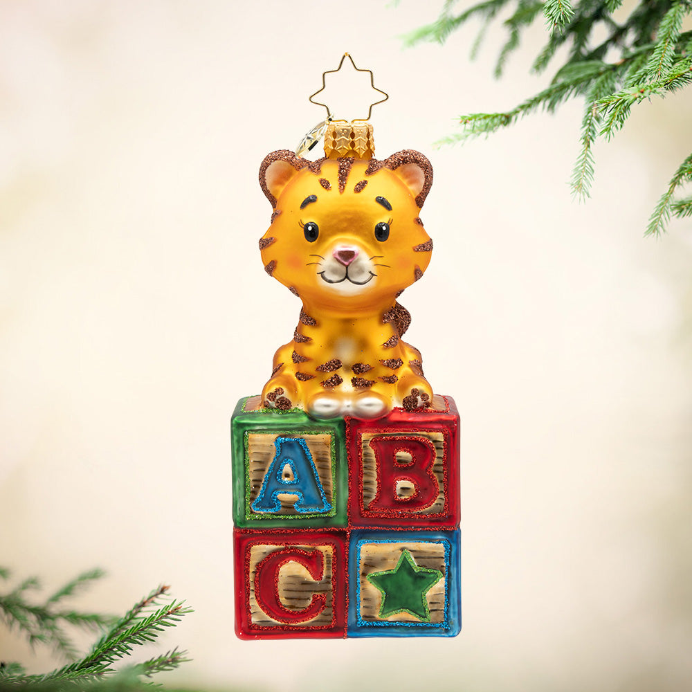 Bundle Of Roars. Tiger ornament with gold sparkling stripes on top of colorful ABC's blocks. View of front