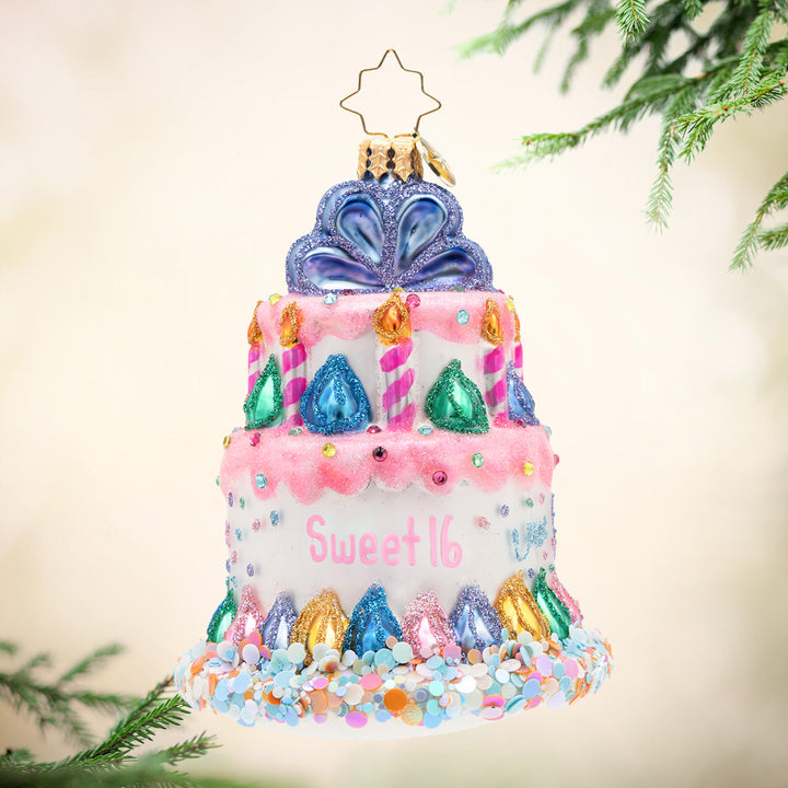 Birthday Bash Bauble Personalized - View of front - Two tier cake ornament in colors of pink, purple, blue, green, and gold waiting to be personalized 