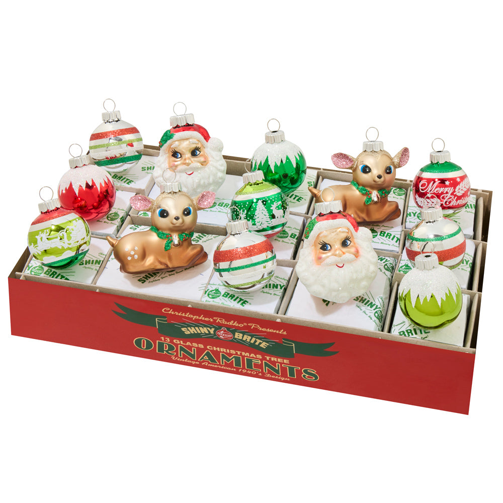 8 vintage-inspired Shiny Brite ornaments. This set features decorated reflector rounds and a two classic Santas and two deers.