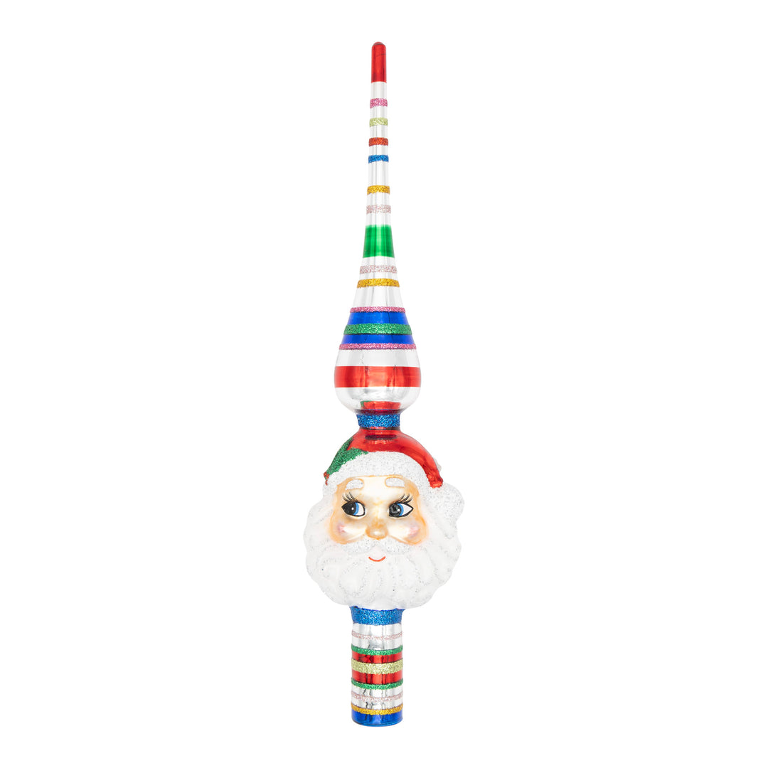 CHRISTMAS CONFETTI 11.5" SANTA FINIAL. Silver tree topper with Santas head in the middle and the rest adorned with red, blue, and green stripes