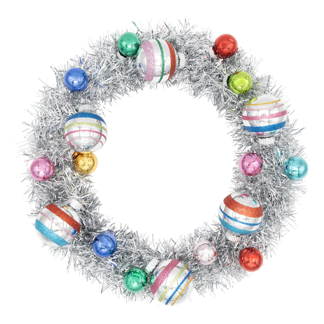 CHRISTMAS CONFETTI SILVER TINSEL WREATH WITH 1" AND 1.75" ROUNDS