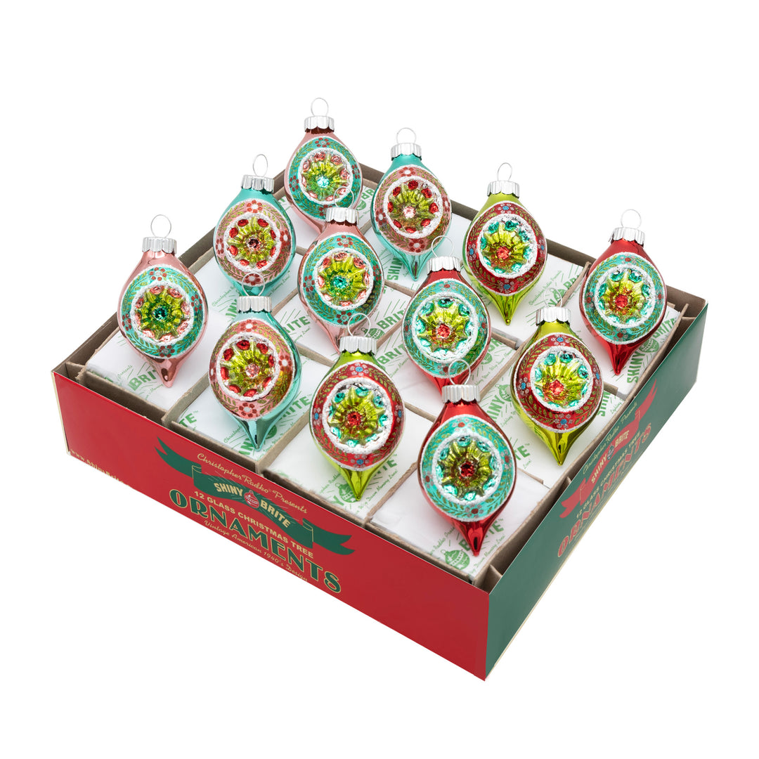 FESTIVE FETE 12 COUNT 1.75" DECORATED REFLECTOR TULIPS. Round tear-drop shaped ornaments with colors, designs, and gems in red, pink, green, and teal.