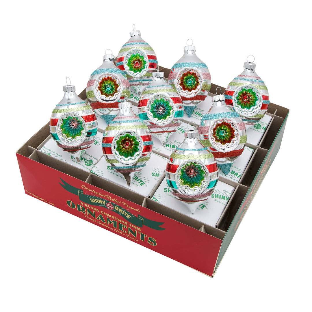 FESTIVE FETE 9 COUNT 2.5" REFLECTOR TULIPS. Silver round tear-drop shaped ornaments painted with colored stripes of red, green, blue, and pink