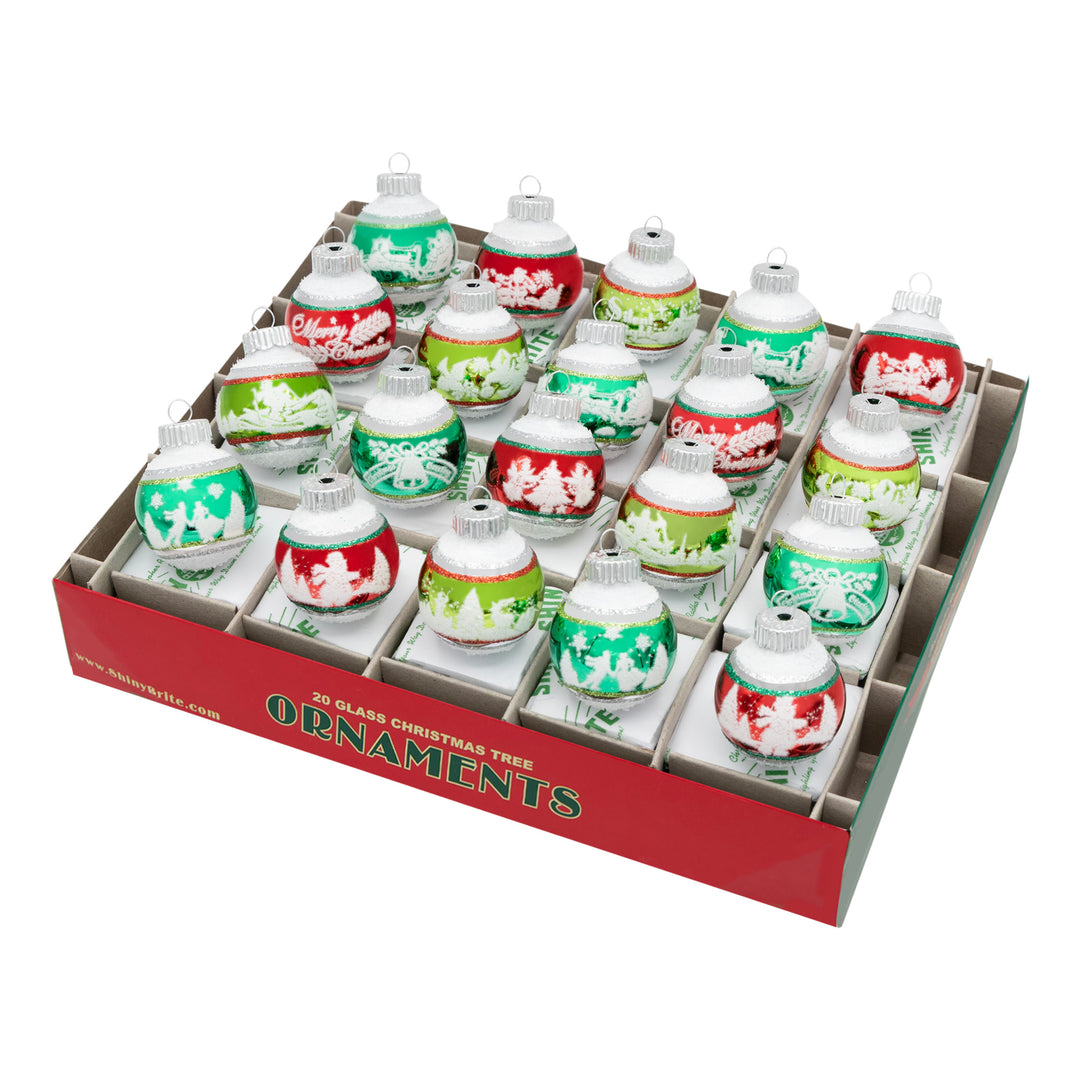 HOLIDAY SPLENDOR 20 COUNT 1.25" SIGNATURE FLOCKED ROUNDS. Twenty round ornaments with big and small stripes of red, light and dark green, and silver, each with its own design in white