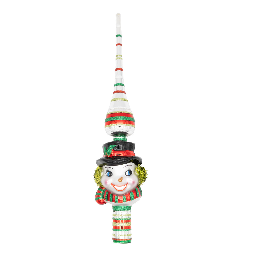 HOLIDAY SPLENDOR 11.5" SNOWMAN FINIAL. Silver tree toper with a snowman head in the middle and red and green stripes.