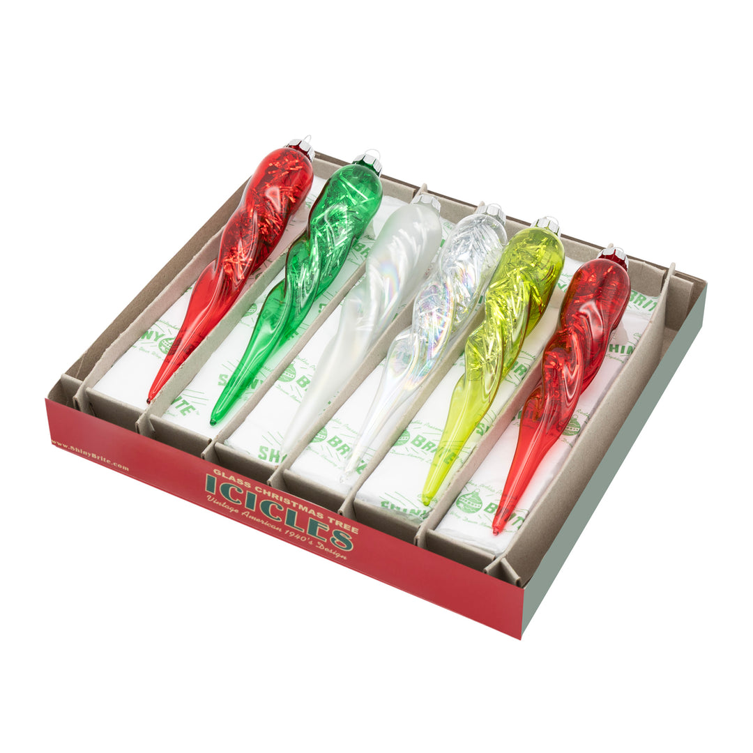 HOLIDAY SPLENDOR 6 COUNT 5" GLASS ICICLES. Six translucent icicles in colors of red, green, and white with silver tinsel inside.