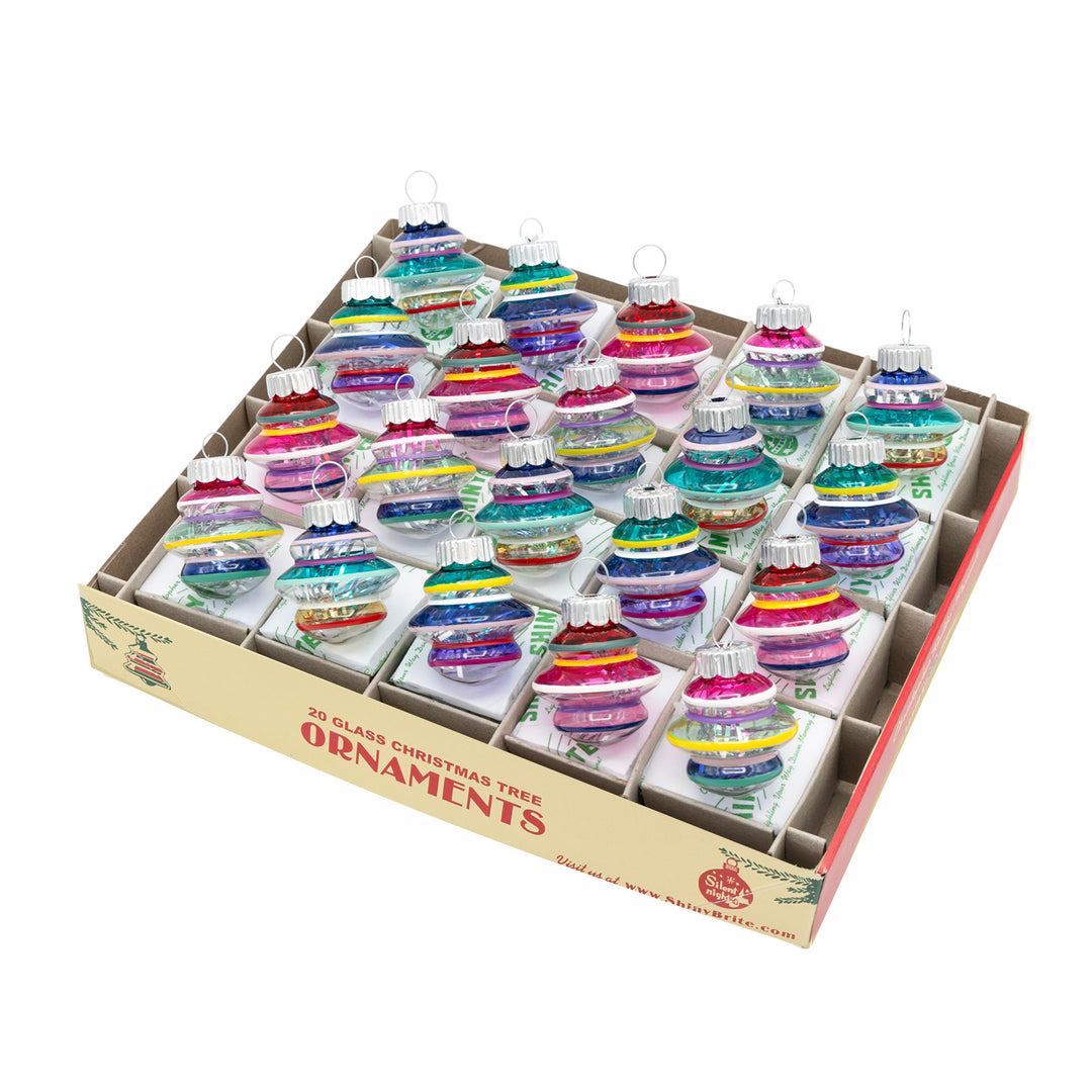 VIVID VINTAGE 20 COUNT 1.25" SHAPES. Twenty tear drop ornaments in translucent and non-translucent stripes in colors of pink, blue, purple, red, yellow, and green with silver tinsel in the inside.