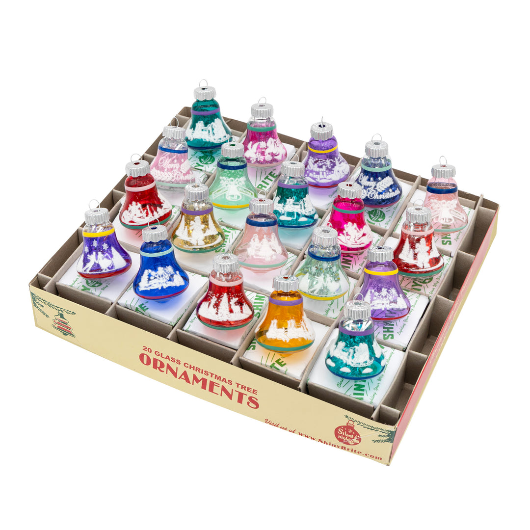 VIVID VINTAGE 20 COUNT 1.25" SIGNATURE FLOCKED BELLS. Twenty green, pink, purple, blue, red, yellow translucent colored bell-shaped ornaments each with a unique design in white