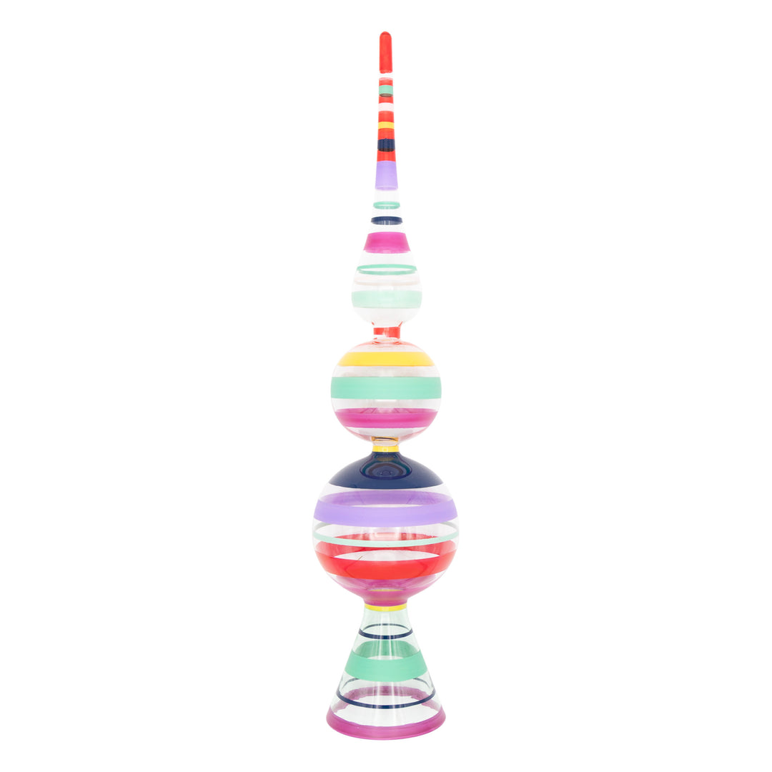 VIVID VINTAGE 13" FINIAL STAND. Clear tree topper with pink, red, teal, blue stripes.