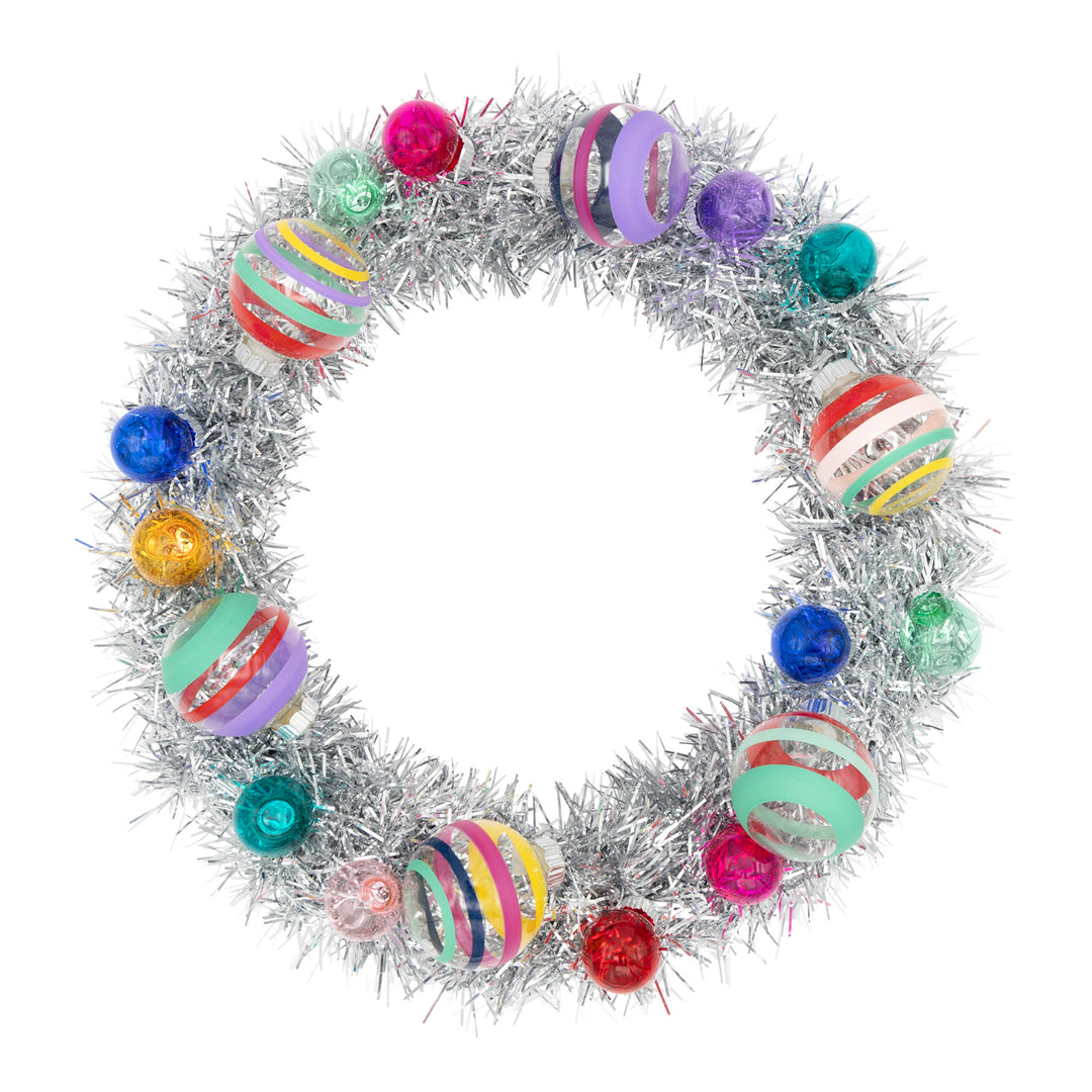 VIVID VINTAGE SILVER TINSEL WREATH WITH 1" AND 1.75" ROUNDS