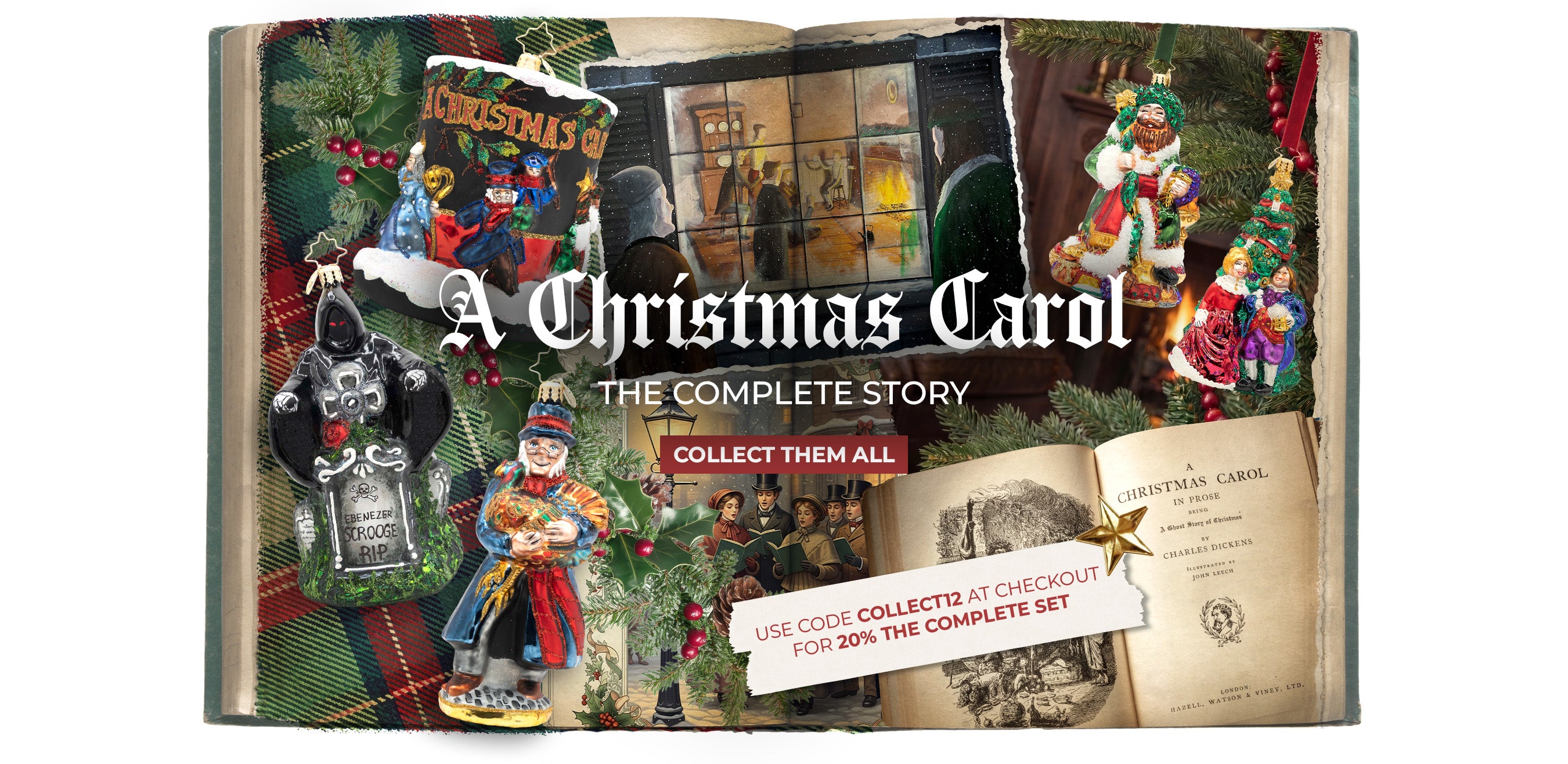 An open storybook design featuring "A Christmas Carol: The Complete Story," surrounded by ornaments depicting Ebenezer Scrooge's tombstone, Bob Cratchit, ghosts, carolers, and Father Christmas, with a promo for 20% off the complete set using code COLLECT12.