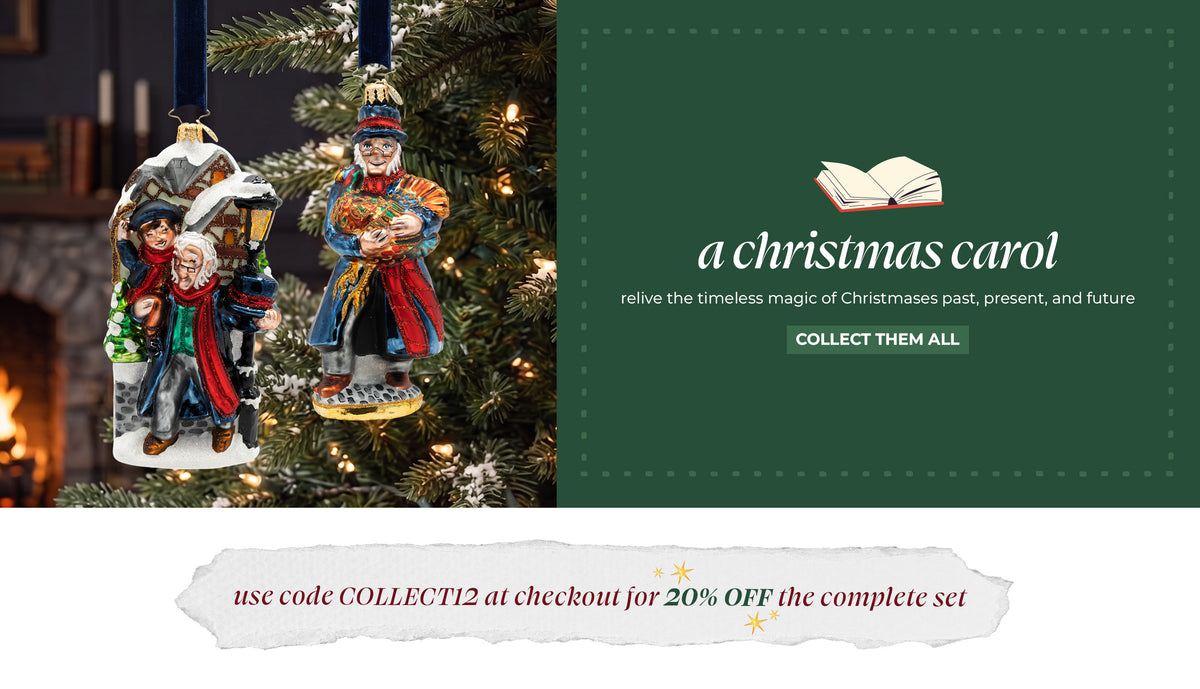 Promotional banner reading "a christmas carol - relive the timeless magic of Christmases past, present, and future - COLLECT THEM ALL" next to glass ornaments of Bob Cratchit carrying Tiny Tim and Ebenezer Scrooge, with a banner below reading "use code COLLECT12 at checkout for 20% OFF the complete set".
