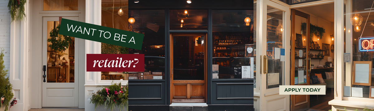 Wholesale application banner asking "WANT TO BE A retailer?" over a collage of three shop entryways and storefront windows, with an "APPLY TODAY" call-to-action button.