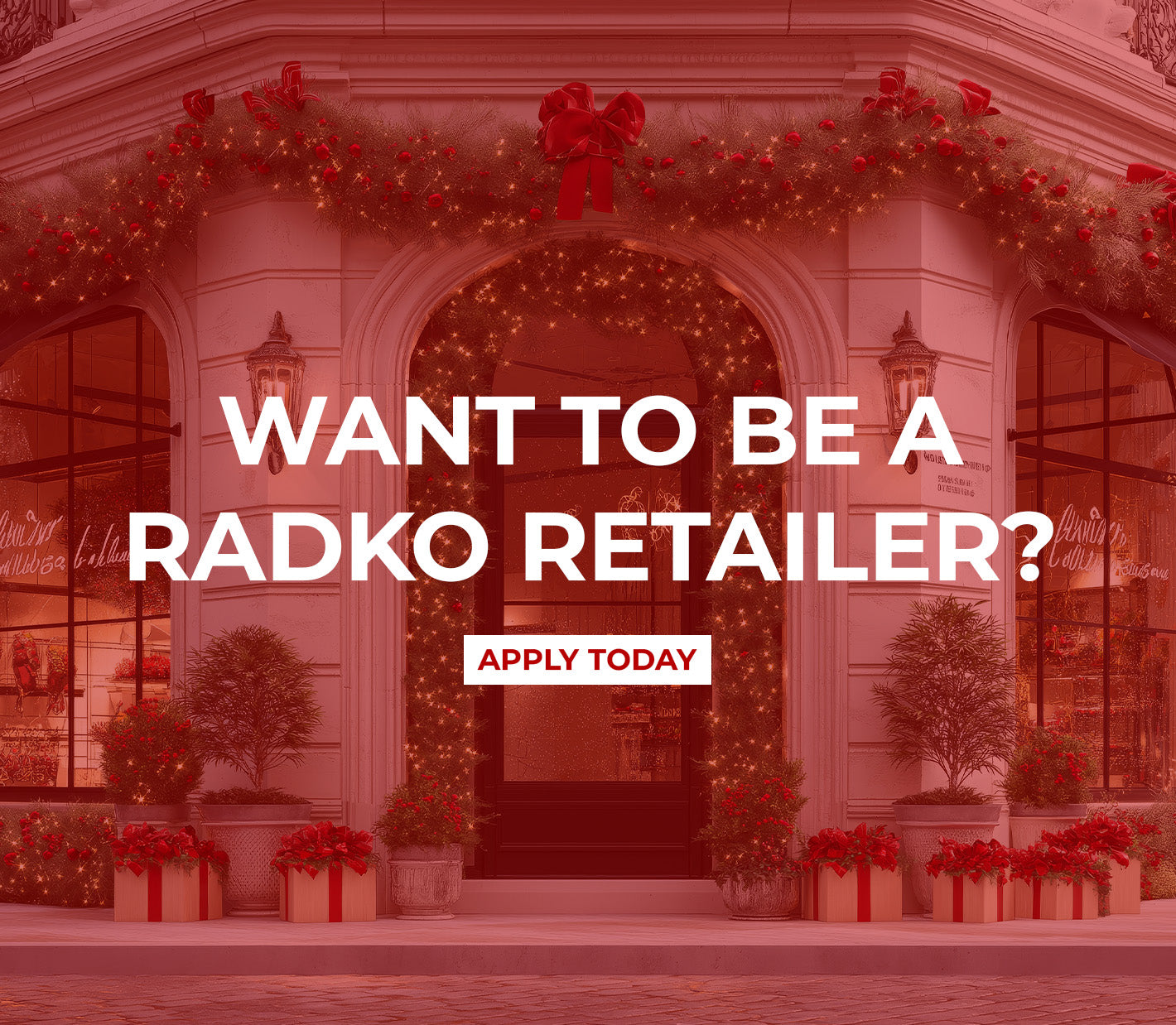 A festively decorated storefront with holiday garland, red bows, poinsettias, and wrapped gifts, shown with a red overlay.