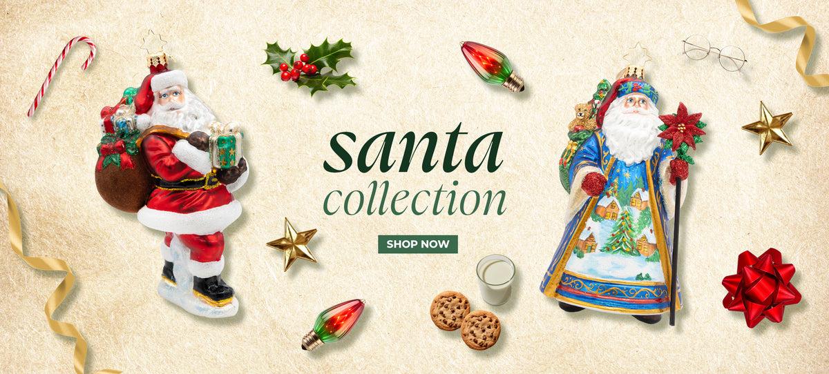Flat-lay banner with central text reading "santa collection - SHOP NOW", featuring a classic ice-skating Santa ornament on the left, an ornate blue-robed Father Christmas ornament on the right, cookies, milk, holly, and retro Christmas lights.