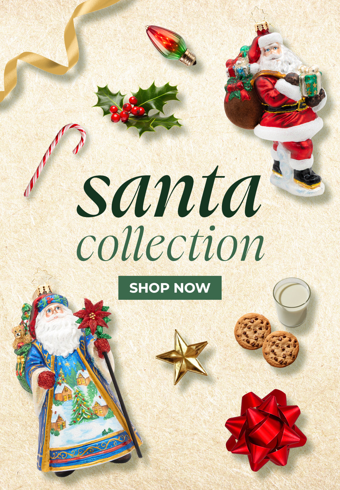 Flat-lay banner with central text reading "santa collection - SHOP NOW", featuring a classic ice-skating Santa ornament on the left, an ornate blue-robed Father Christmas ornament on the right, cookies, milk, holly, and retro Christmas lights.