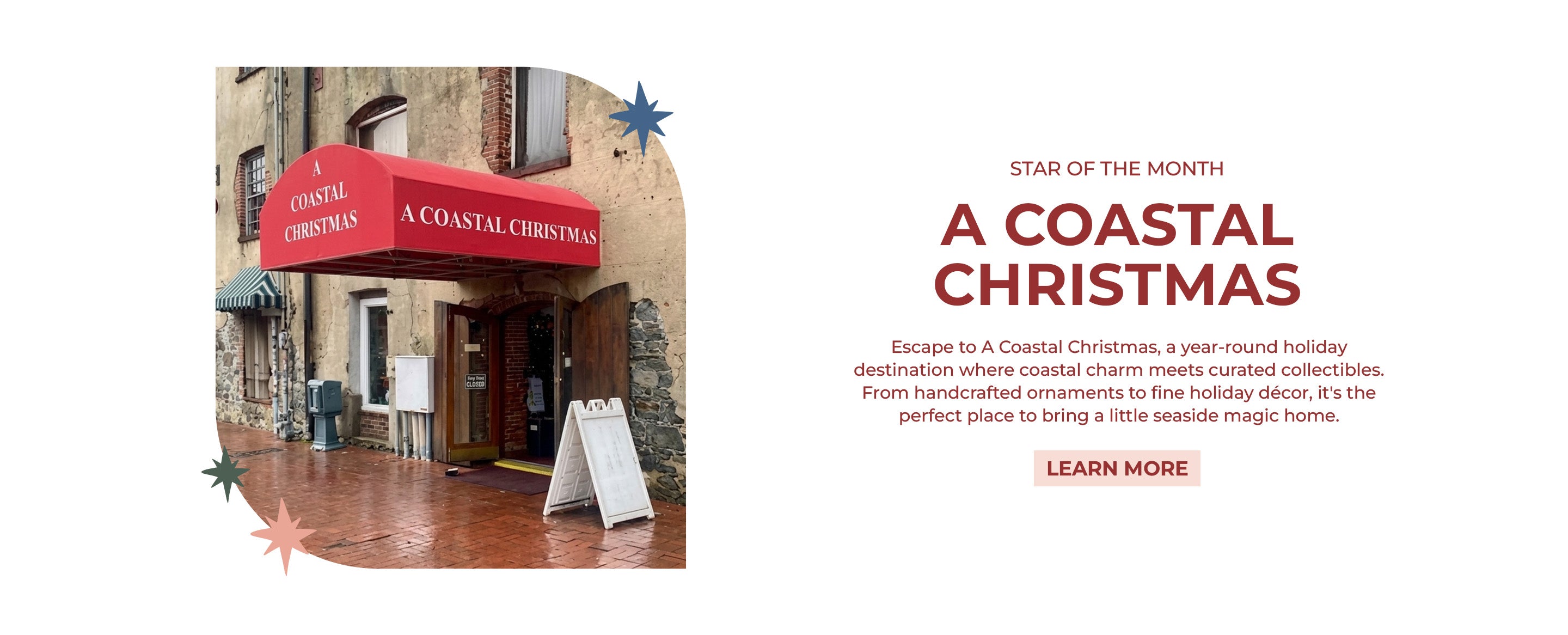 Exterior of A Coastal Christmas storefront with a red awning, featured as this month's 'Star of the Month' retailer.