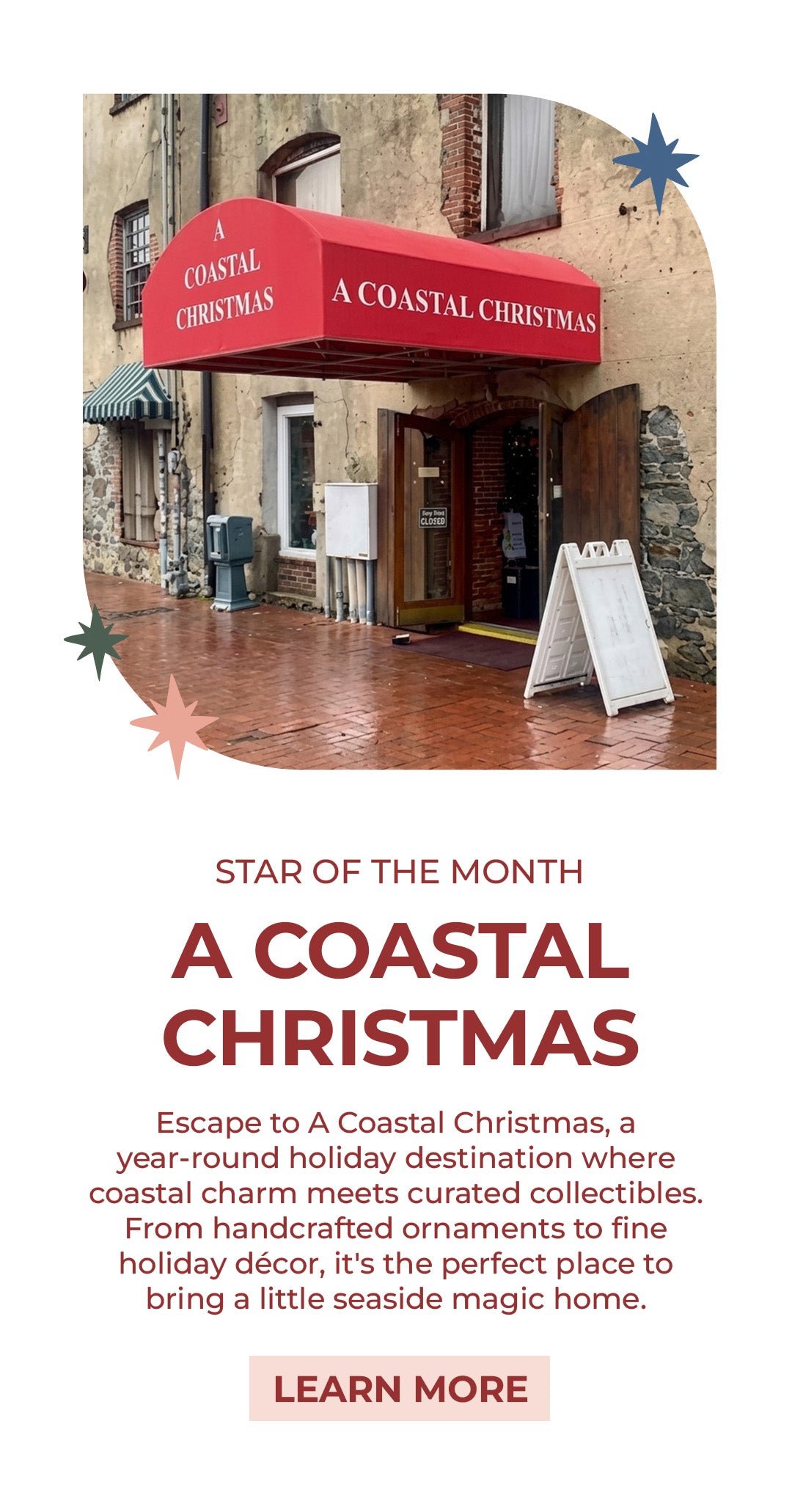 Exterior of A Coastal Christmas storefront with a red awning, featured as this month's 'Star of the Month' retailer.