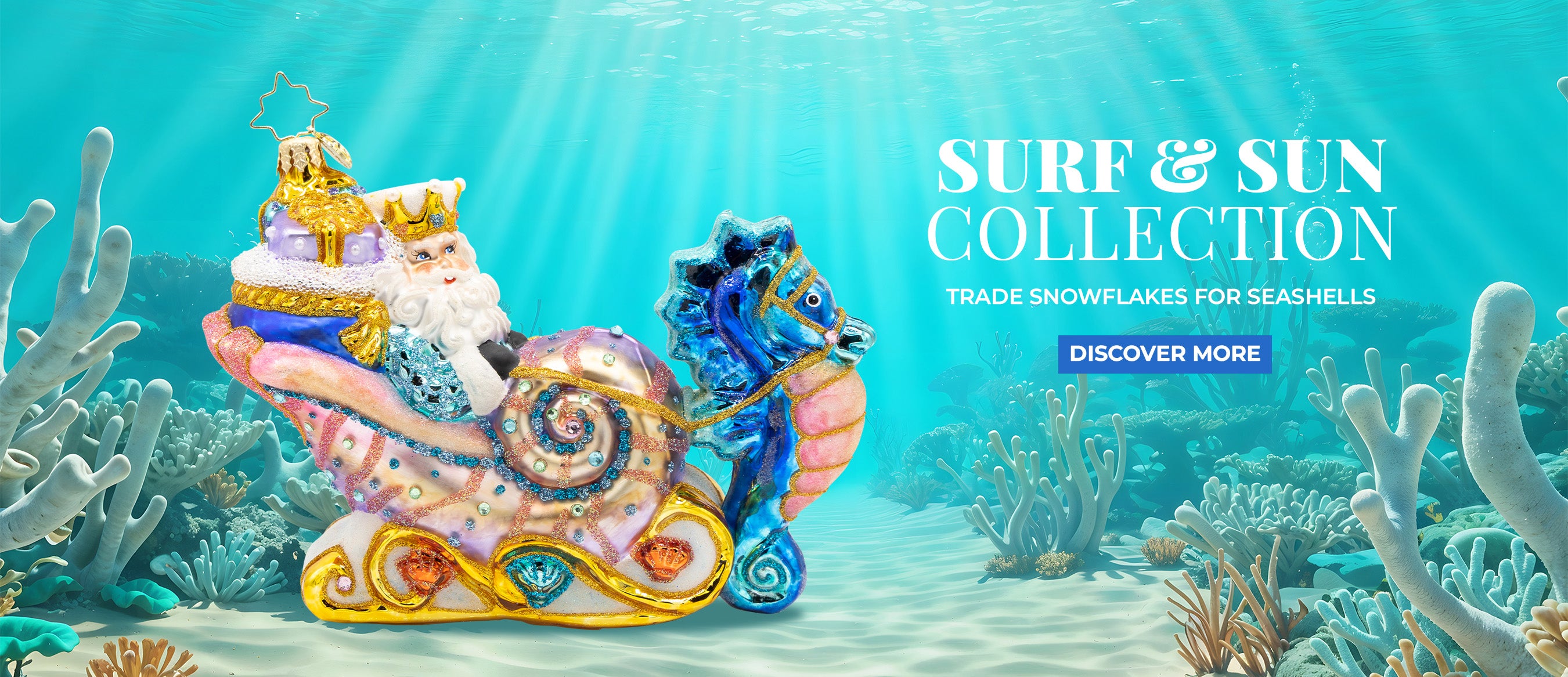 Website Banner promoting Surf & Sun Collection featuring a Santa ornament riding on a sleigh being pulled by a seahorse