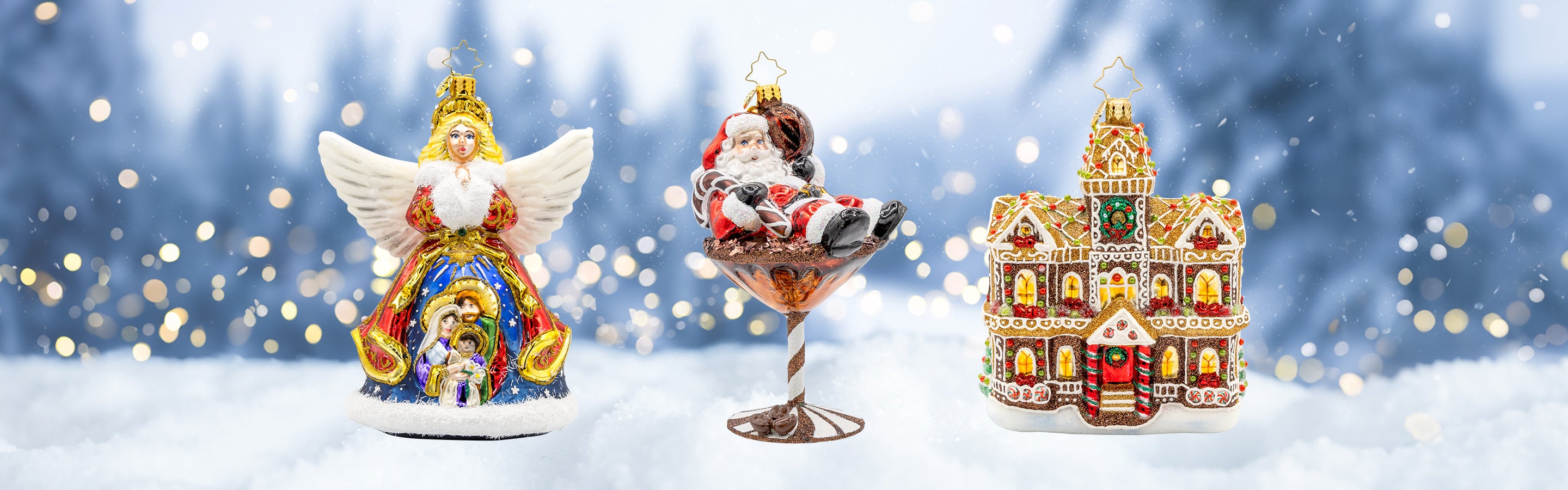 Featured Fine European Glass ornaments - angel ornament, espresso martini ornament, gingerbread house ornament