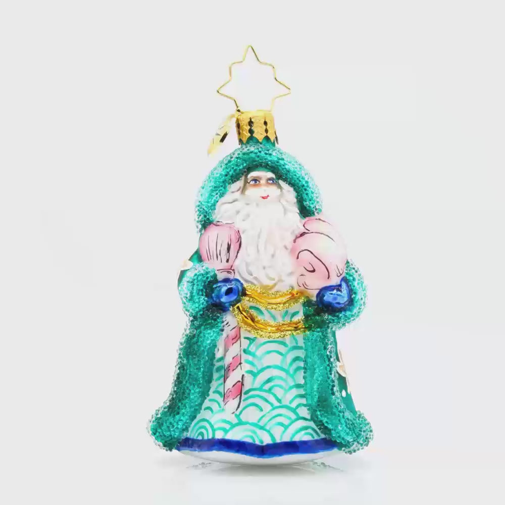 St. Nick's Nautical Noel Gem ornament. Santa is wearing a turquoise cloak adorned in pink seashells and starfish. Video.
