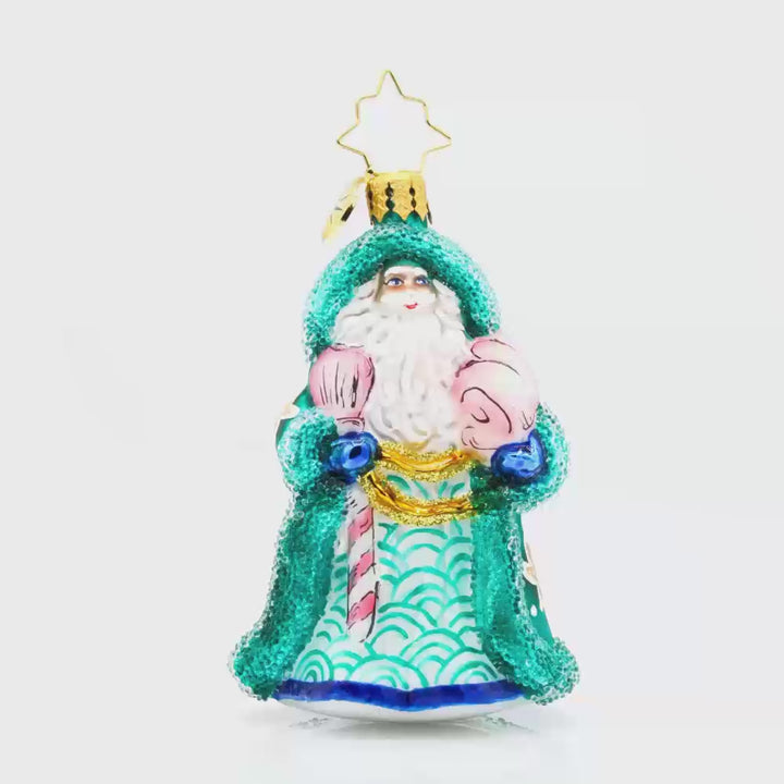 St. Nick's Nautical Noel Gem ornament. Santa is wearing a turquoise cloak adorned in pink seashells and starfish. Video.