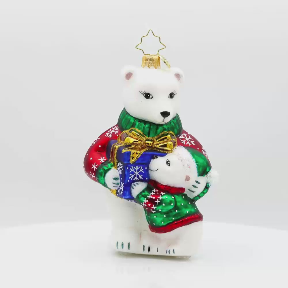 Polar Pals Presents Ornament. The bears have playful expressions and festive gifts. Video.