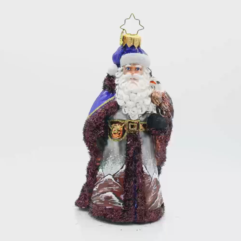 Mountain Majesty St. Nick ornament.  Santa’s dons a hand-painted mountain-scene coat with an eagle by his side. Video.