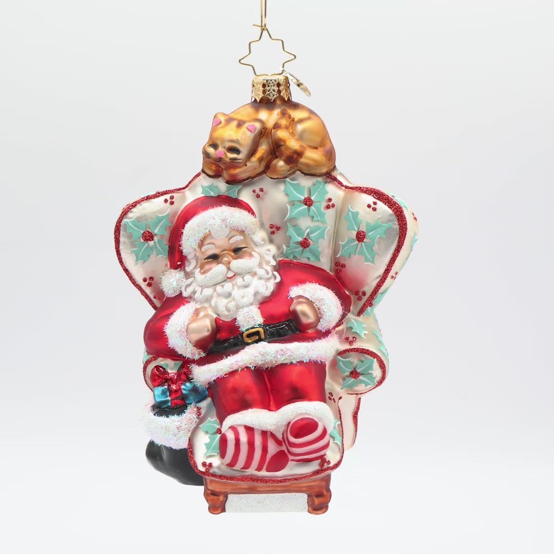 Front view of ornament of Santa napping in a giant white hare with mistle toes and a bright orange cat on top.