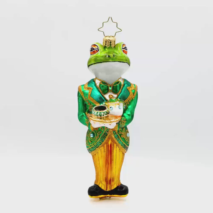 Hoppy Hospitality ornament. A dapper frog butler in a green and gold tailcoat. Video.
