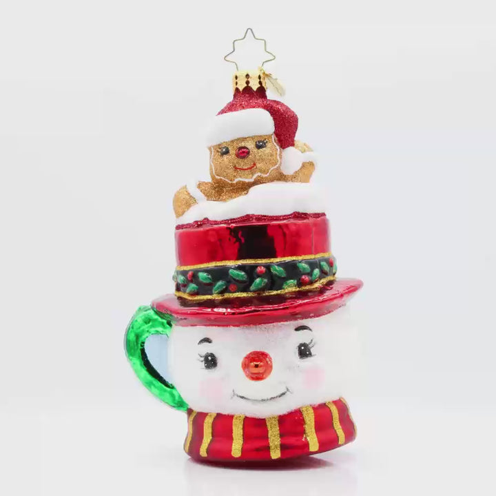 Hot Cocoa Delight ornament. This adorable snowman mug is filled with goodies and a gingerbread friend. Video.
