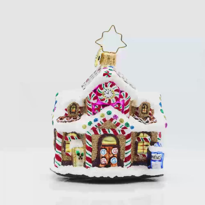 Sweet Tooth Station Gem ornament. A gingerbread train station decorated with sweet treats. Video.