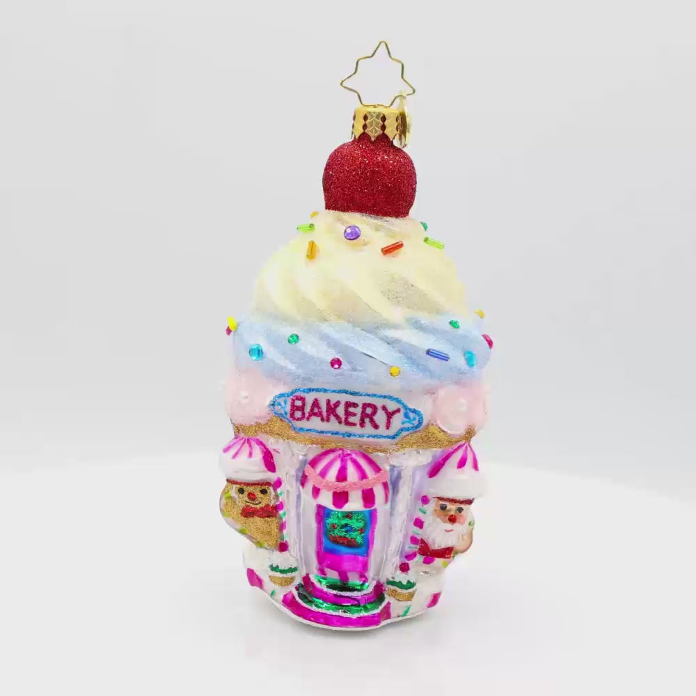 Confectionery Corner ornament.  A cupcake shop, complete with frosting, sprinkles, and all the festive flavors. Video.