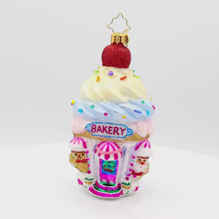 Confectionery Corner ornament.  A cupcake shop, complete with frosting, sprinkles, and all the festive flavors. Video.